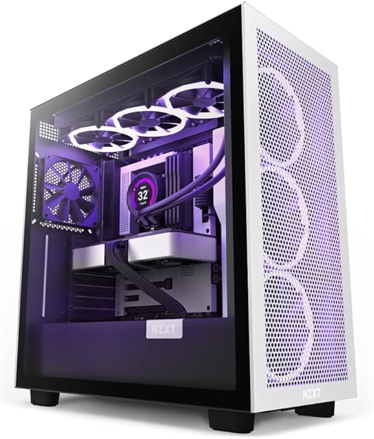 NZXT H7 Flow - CM-H71FG-01 - ATX Mid Tower PC Gaming Case - Front I/O USB Type-C Port - Quick-Release Tempered Glass Side Panel - Vertical GPU Mount - Integrated RGB Lighting - White/Black
