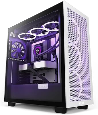 NZXT H7 Flow CM H71FG 01 ATX Mid Tower PC Game Case Front I/O USB Type C Port Quick Release Tempered Glass Side Panel Vertical GPU Mount Integrated RGB Lighting White/Black, Black & White