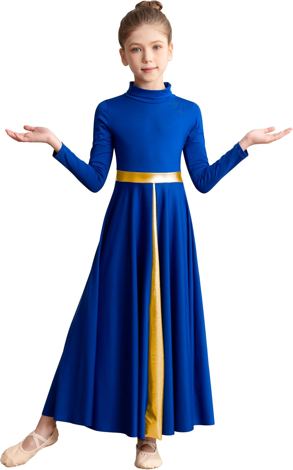 Girls High Neck Praise Dance Dress Loose Fit Full Length Long Sleeve Liturgical Dance Dress - Image 5