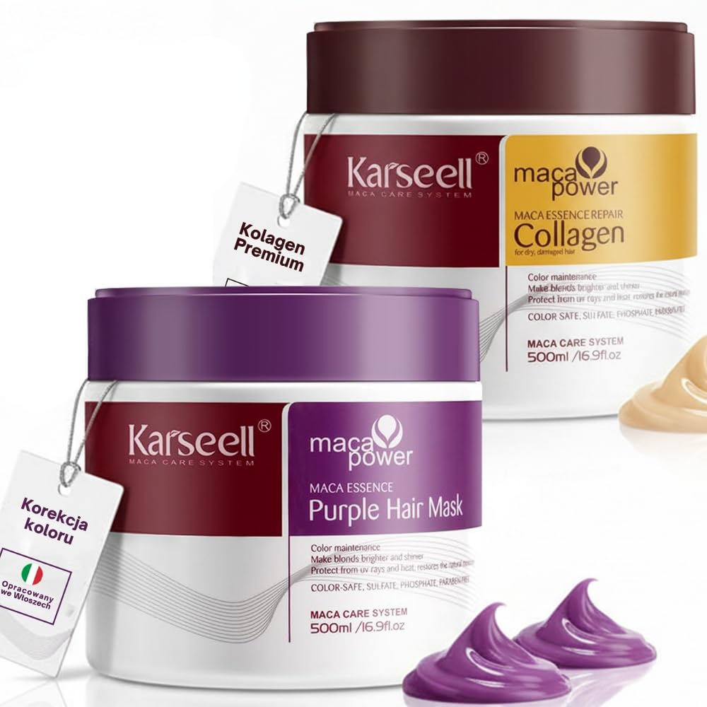 Karseell MACA CARE SYSTEM 1 Maska z Kolagenem + 1 Fioletowa Maska Tonująca Włosy Suche Zniszczone Farbowane Blond Siwe Rozjaśniane Regeneracja Nawilżenie Bez SLS 2 x 500ml