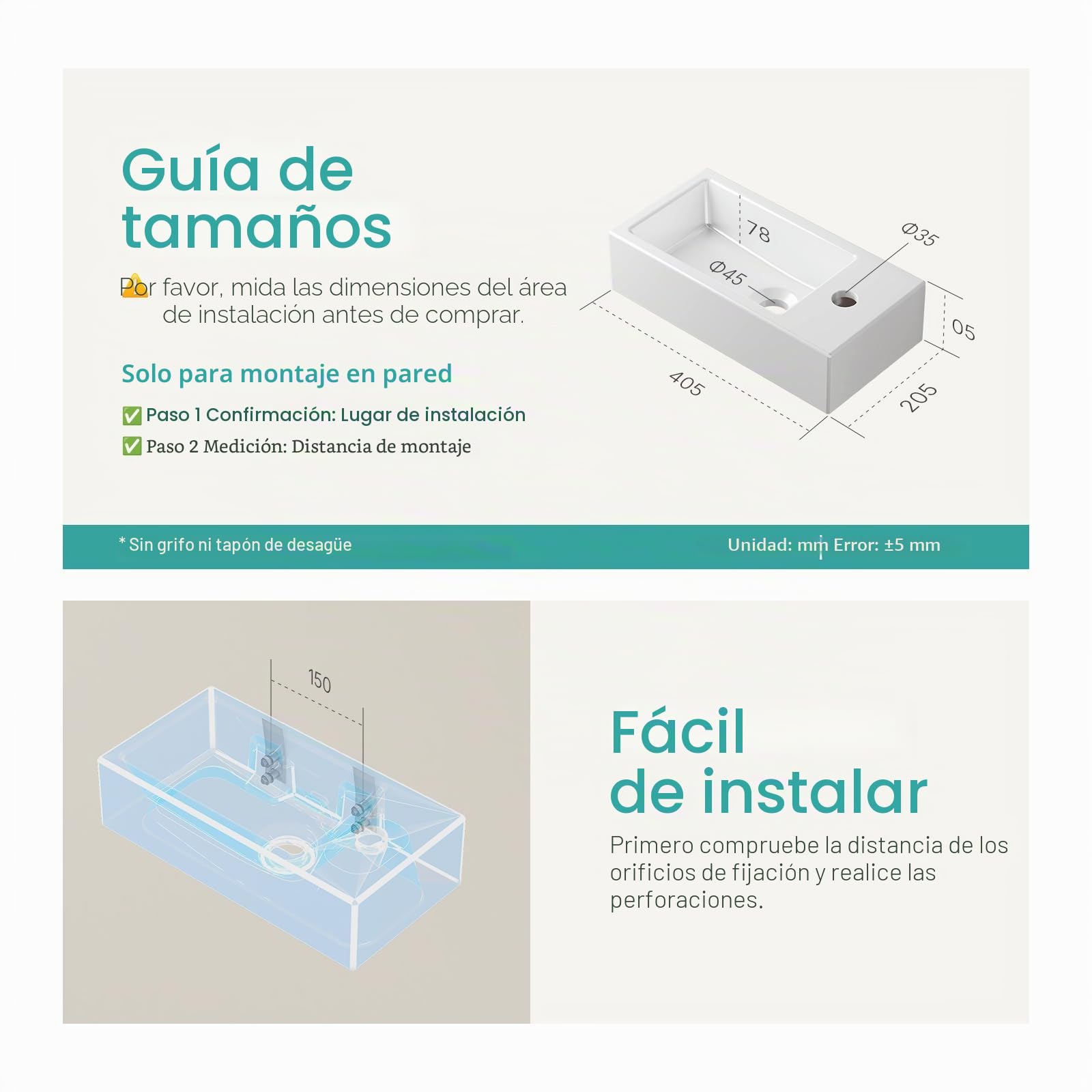 EMKE lavabo – Mini colgante para baño y aseo de invitados – 40 × 20 × 10 cm – Cerámica de – Agujero rectangular para grifo derecho – Blanco