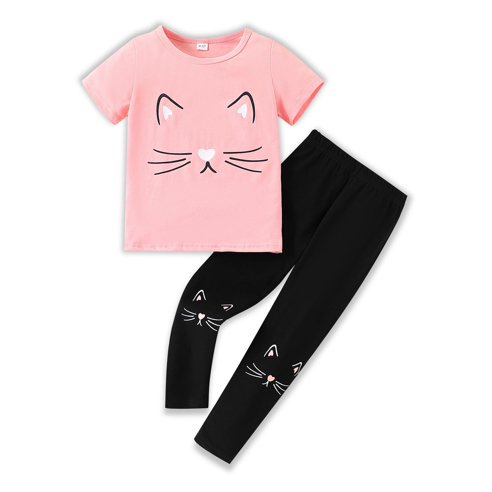 Conjunto de 2 piezas de ropa para niña pequeña de 4 a 8 años, con estampado de cara de gato, camiseta de manga corta y pantalones, para primavera y verano