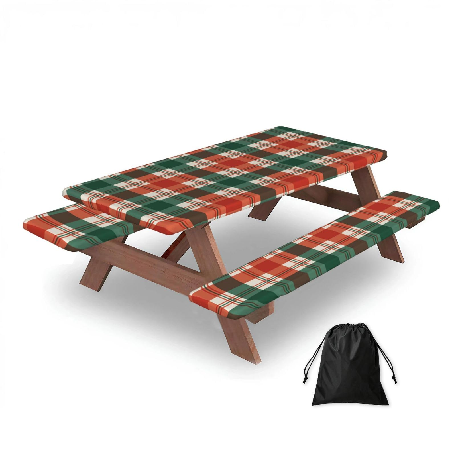 Dopklna As Picture Christmas Tartan, Picnic Table Cover With Bench Covers -Waterproof Elastic Fitted Tablecloth For Garden Camping Patio 76X152cm