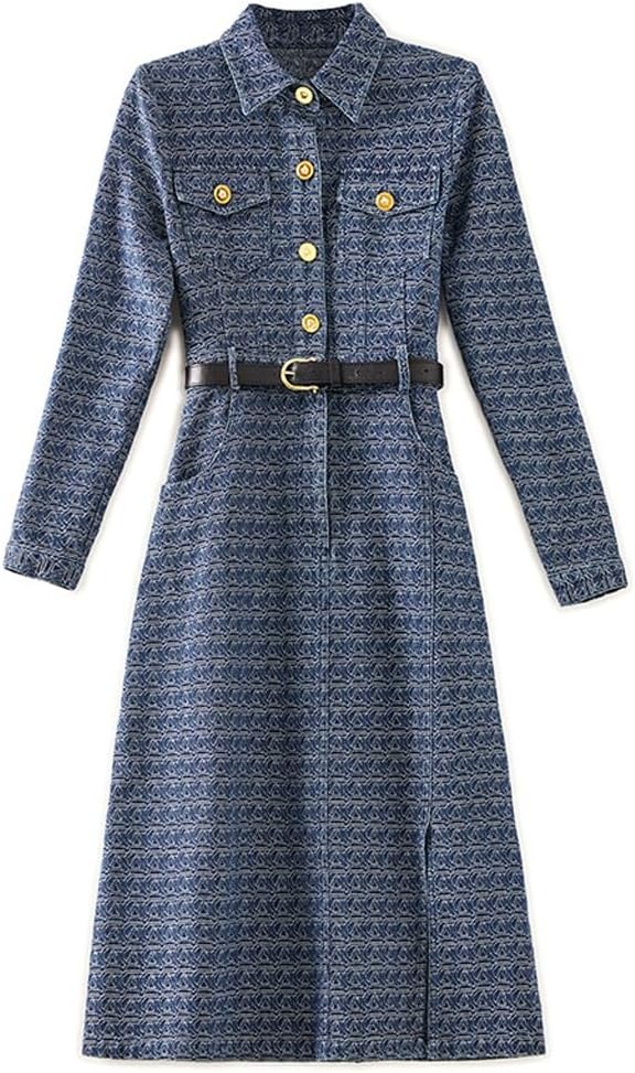 JSEIAJB Denim Waistband Slimming Shirt Dress for Women in Autumn and Winter(M)