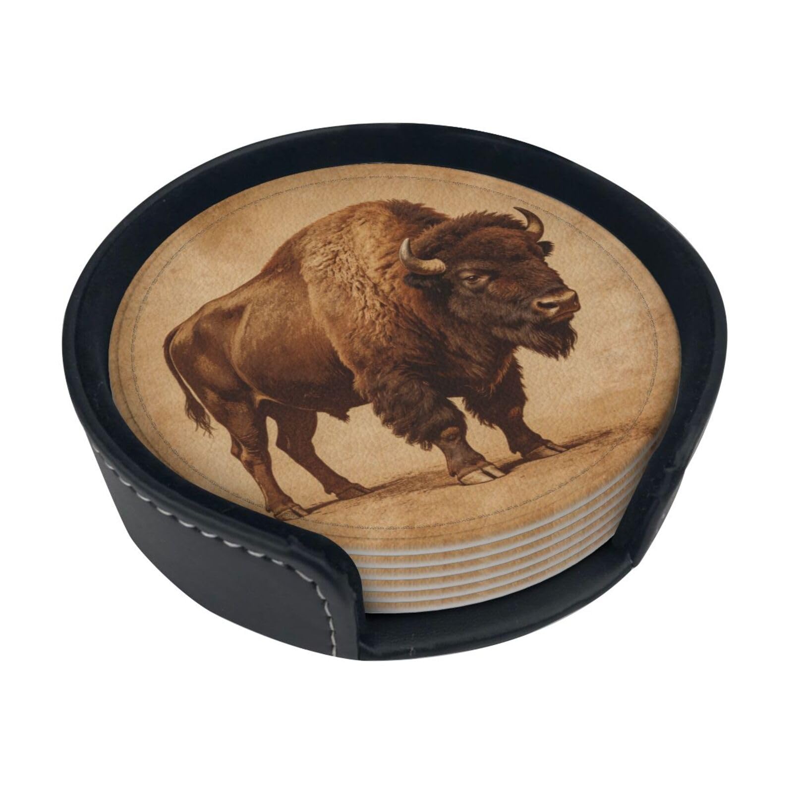 Cntdbu White Old Paper Buffalo Leather Coasters Set Of 6-Pu Leather Drink Mats For Table, Heat Resistant Round Coasters With Holder
