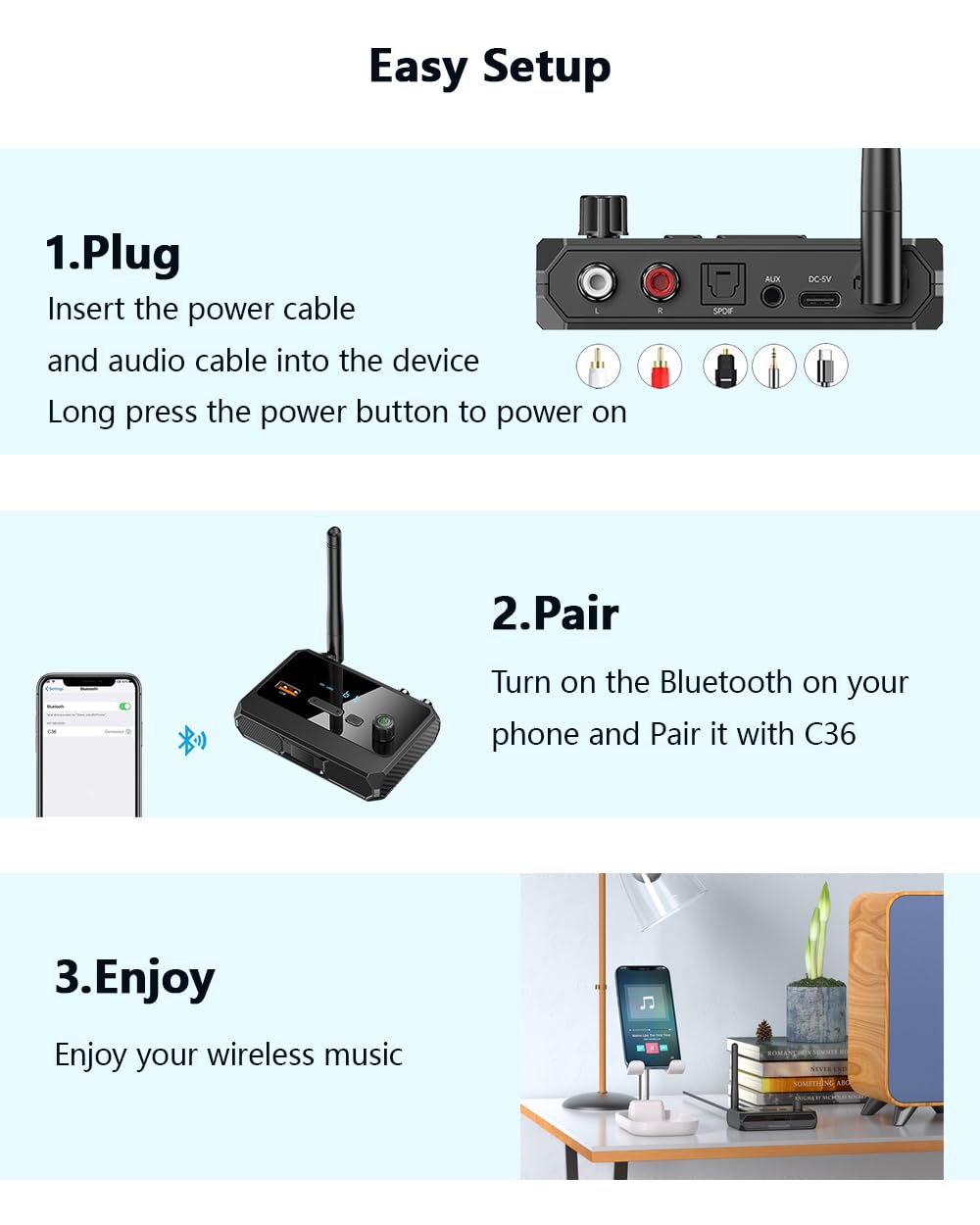 Bluetooth 5.3 Receiver for Home Stereo, Optical Low Latency & HD Music Audio Bluetooth to RCA Adapter Speakers/Wired Speakers/Home Audio Music Streaming Stereo System, Support AUX/USB