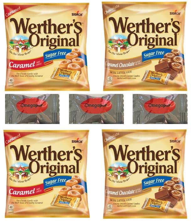 Werther's Original Sugar-Free Assorted Flavors Hard Candy with Omegapak Starlight Mints, 2 Bags Caramel 2.75oz, and 2 Bags Caramel Chocolate 2.35oz. 2 Variety Flavor Bundle