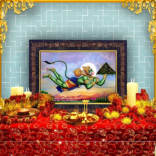 Image of Hawai Flying Lord Hanuman Bajrang Bali with Sanjeevani Parvat Photo with Engineered Wood Wall Hanging Home Decor Religious Photo Frame for Home Office Prayer Room, 8.5x7inch SFDI272BLKFRM