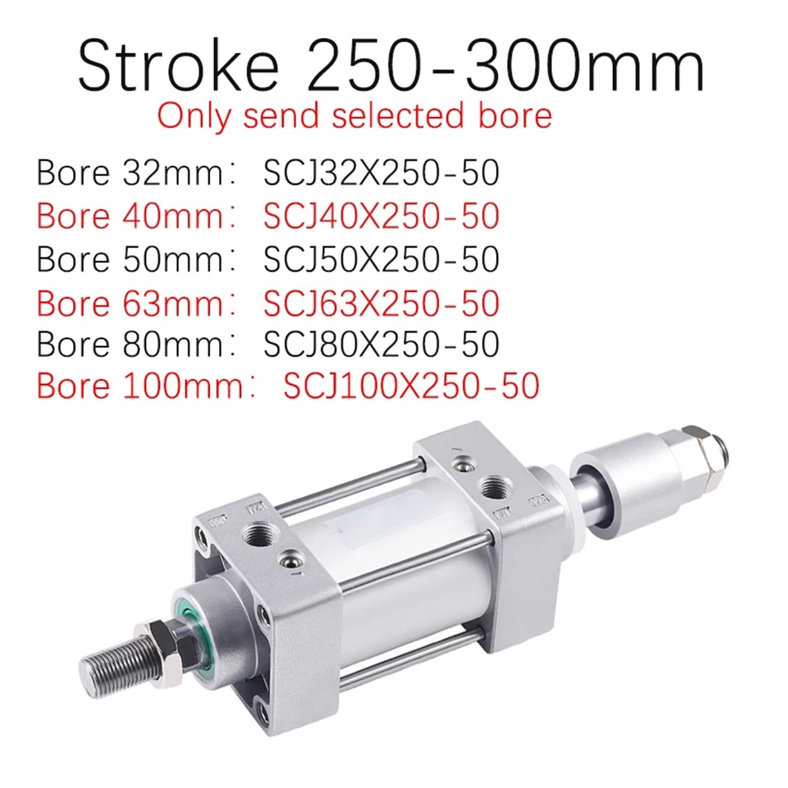 SCJ32*50/75/100/150/200-50-S Standard Luft Pneumatikzylinder Einstellbare Kolben Doppelstange Reset Dichtung Staubdicht(Stroke 250-300mm,SCJ100 (100mm))