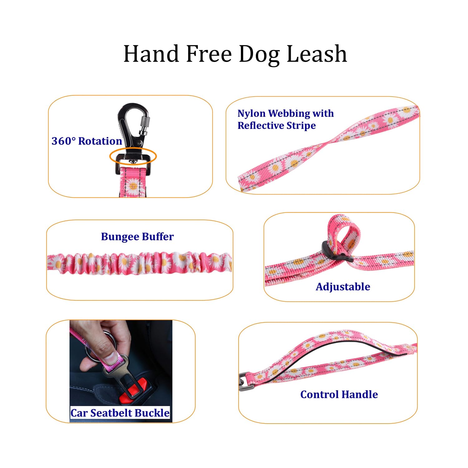Hands Free Dog Leash, No Pull Bungee Dog Running Waist Leash, with Car Seat Belt, Reflective Stripes, Heavy Duty for Medium and Large Dogs. (Daisy Pink, Large) - image 3