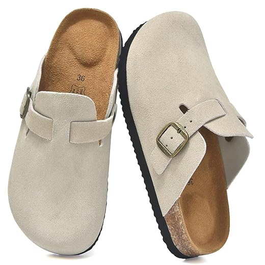 100% Genuine Suede Toddler Kids Clogs with Arch Support, Boys Girls Infant Clogs with Comfort Memory Foam Insole, Non Slip Cork Footbed Mules for Kid with Adjustable Straps