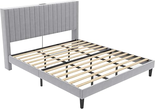 Miniatura 16 de VanAcc Base de cama tamaño Queen, plataforma tapizada de terciopelo con cabecera capitoné de canal, base de colchón con listones de madera, no
