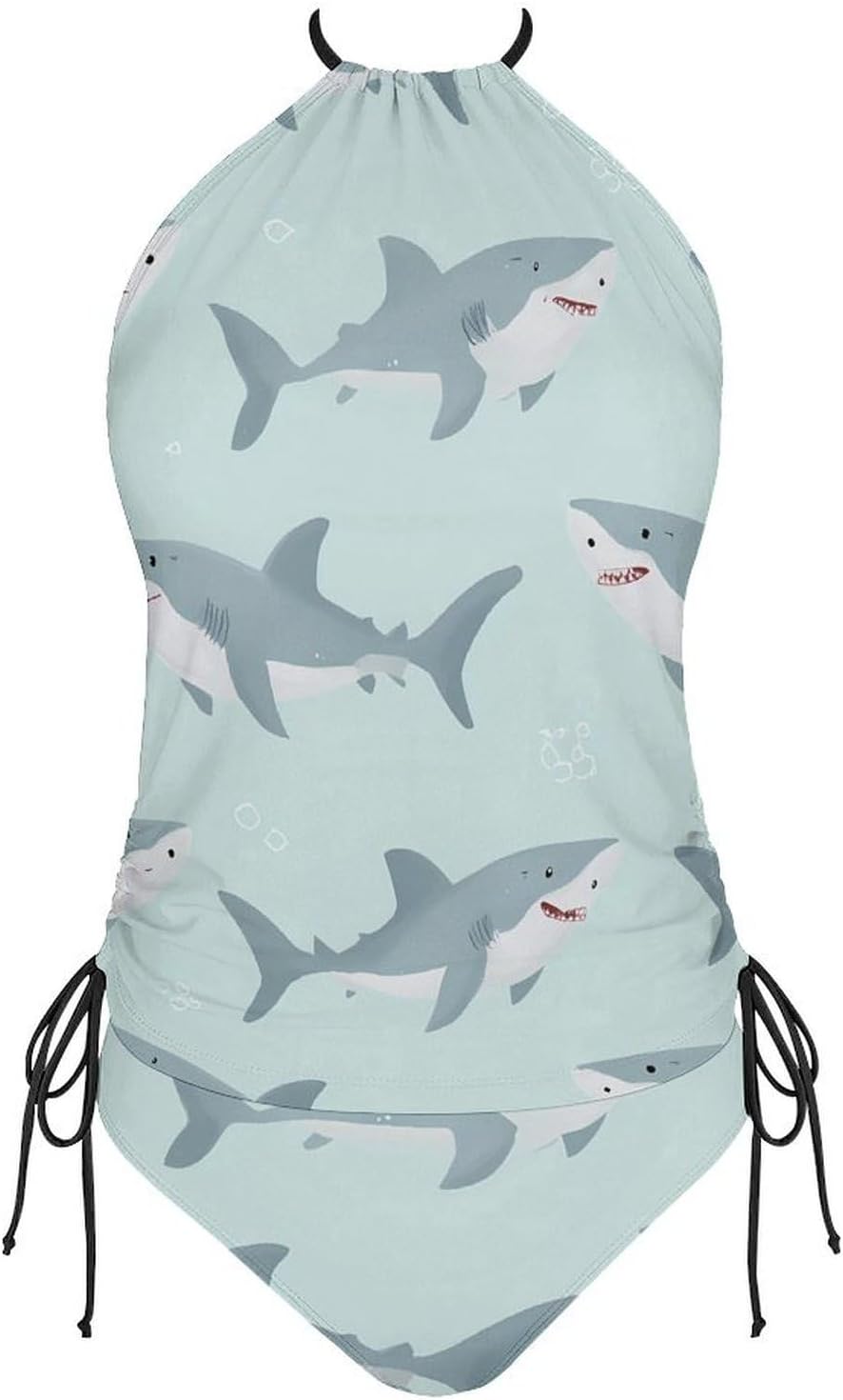 Sharks Swimming Women Tankini 2 Piece Swim Bathing Suits | tummy control,high neck top with bottom,swimwear,swimsuits