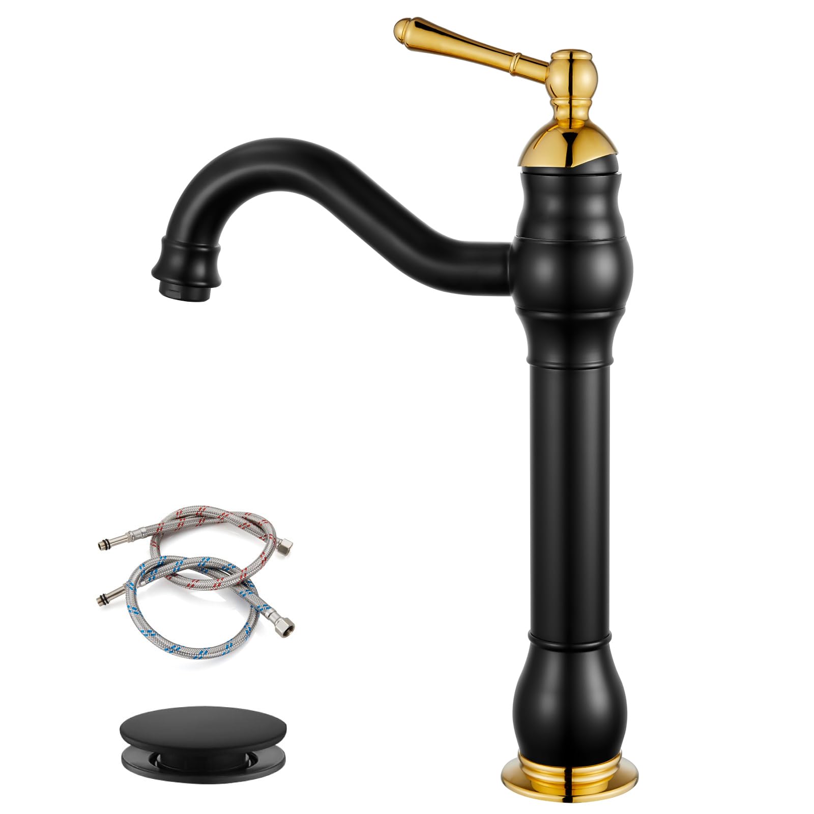 gotonovo Vessel Bathroom Sink Faucet Matte Black and Polish Gold Single Handle Lavatory Vanity Mixer Bar Tap with Pop Up Drain Tall Spout Long Spout Single Hole Deck Mount Hot and Cold Water Hose