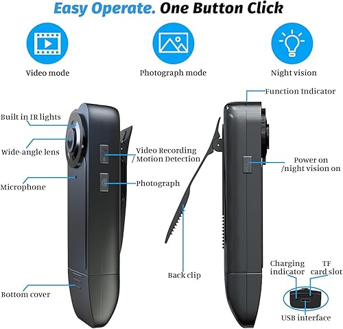 Miniatura 8 de Brathird Mini cámara corporal, 1080P 32G cámara corporal desgastada con clip mejorado, batería de 1000 mAh, pequeño cuerpo de bolsillo personal,