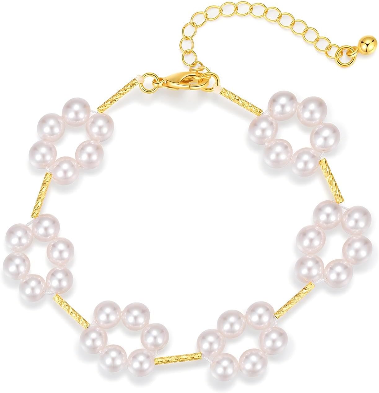 Gold Bracelet for Women 14K Gold Pearl Bracelet Dainty Flower Bracelet Adjustable Daisy Bracelet Trendy Jewelry Gifts for Her - Image 8