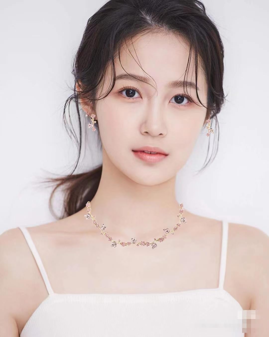 Brides Bridesmaid Flower Leaf Choker Necklace Dangle Earrings Link Bracelet Austrian Crystal Wedding Jewelry Set for Prom Costume Party Accessories for Woman - Image 5