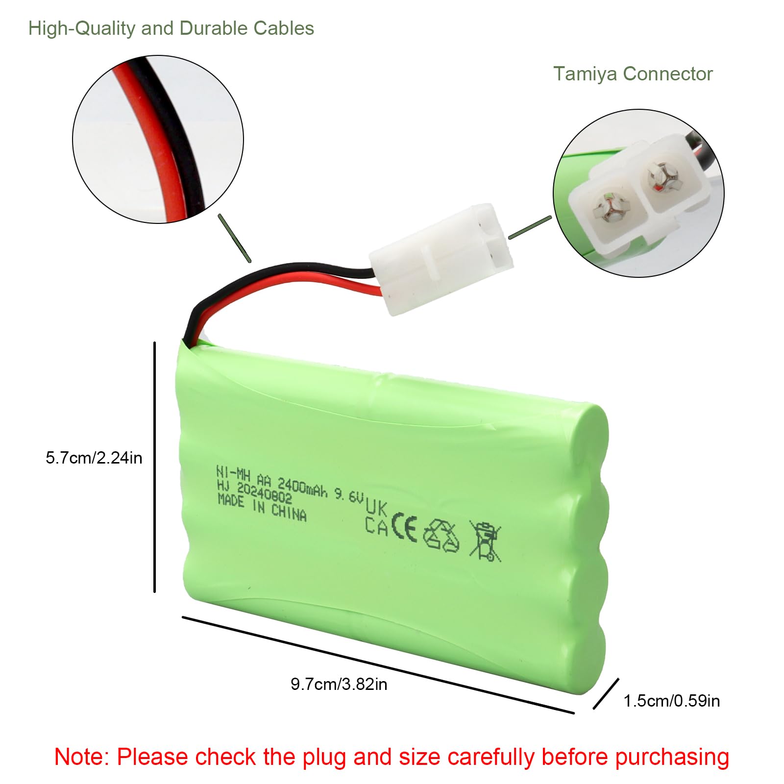 Batteria NiMH ricaricabile MXJFYY da 9,6 V e 2400 mAh, compatibile con auto giocattolo RC/RC, buggy, barche, elicotteri, aeroplani, pistole Airsoft