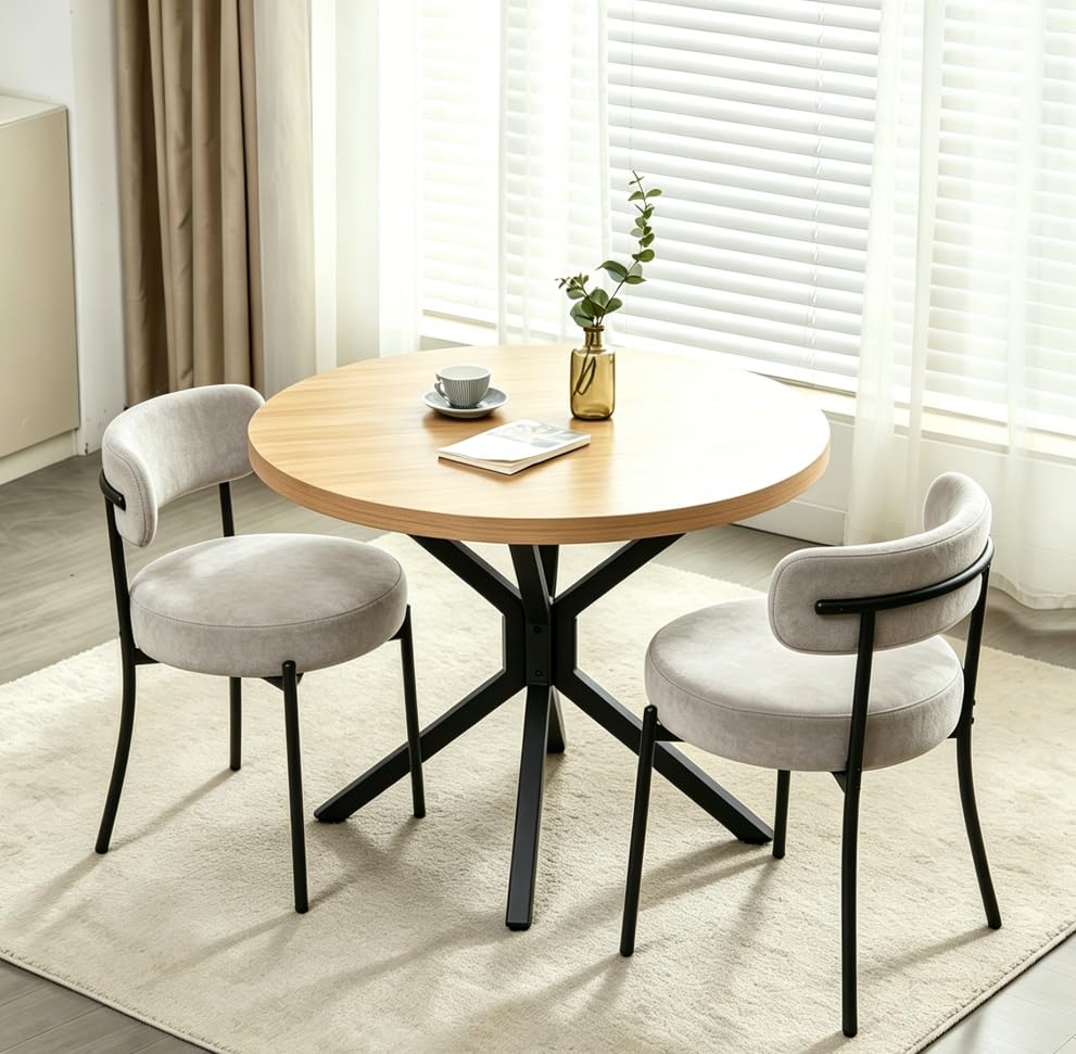 Menaka Round Dining Table and Chairs Set of 4 for Kitchen Diner, 5 Pieces Oak Wood Table with 4 Chairs for Compact Dinette Restaurant (2 grey round wool chairs, 95cm Oak Table#2) — image 1