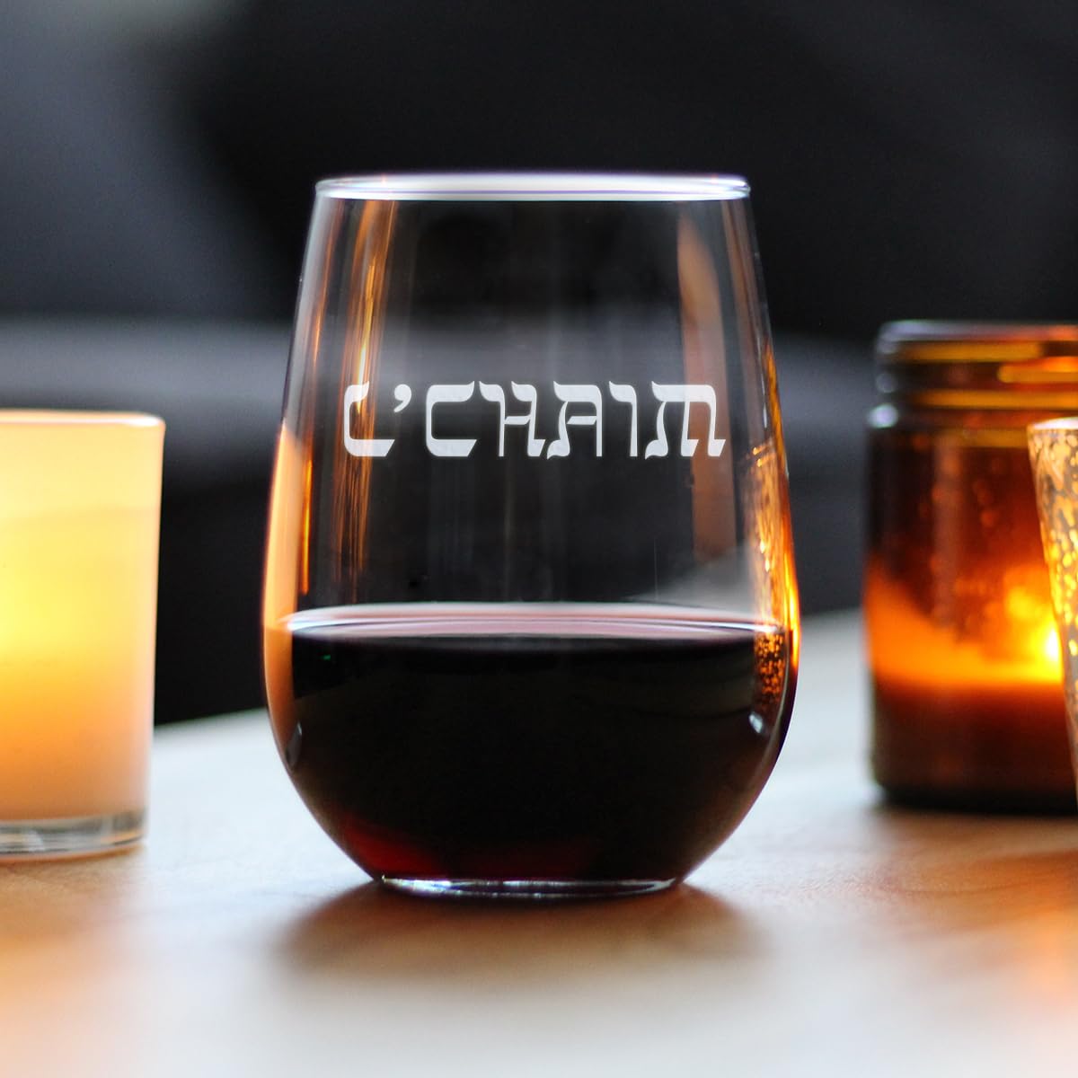 Bevvee L'Chaim - Hebrew Cheers Stemless Wine Glass - Fun Jewish Gifts or Party Decor for Women & Men - Large 17 Oz Glasses