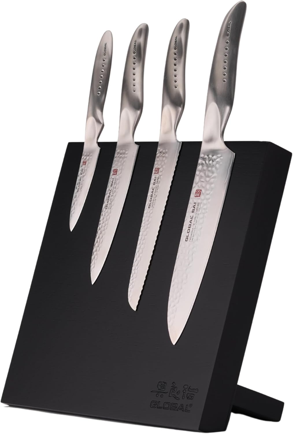 Global Bitoku 5 Piece SAI Essentials Set - Magnetic Easel, 4 Knives: 8 inch Chef's, 6 Inch Utility, 6 inch Serrated Utility, 3 inch Paring, Black