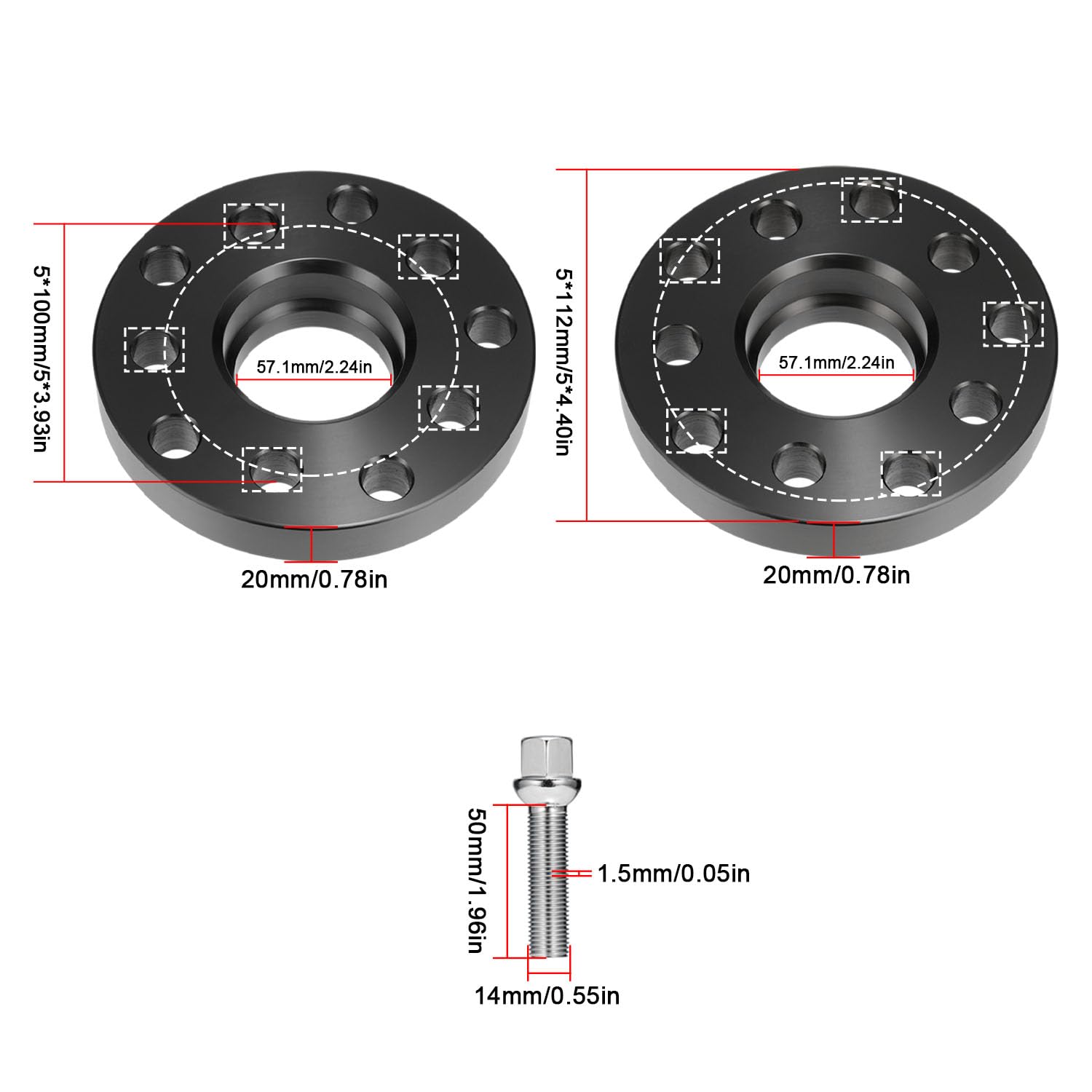 Spurverbreiterung 5x100 5x112 40mm 2x20mm Kompatibel VW Golf Audi A3 A4 A6 A8 Radschrauben M14x1.5 Spurplatten Distanzscheibe Mittenzentrierung 57,1mm Schwarz