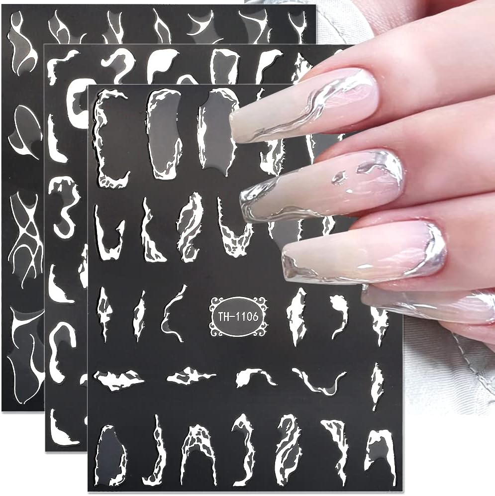 Metallic Silver Lines Nail Stickers - 6 Sheets, 3D Wave Lines, Irregular French Line, Marble Nail Decals, DIY Nail Supplies