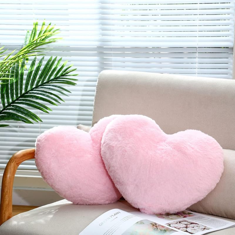 Image of RVA 2 Pieces Soft Throw Pillow Plush Heart Shaped Pillow Faux Rabbit Fluffy Heart Decorative Cushion for Girl on Valentine's Day Fit for Living Room Dining Sofa Car (35 CM) (Pink)