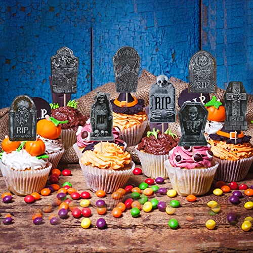 Tombstone Cupcake Toppers Tombstone Graveyard Cake Decorations Tombstone Graveyard Cake Toppers For Halloween Birthday Party Cake Supplies -24 Pcs #TOP1