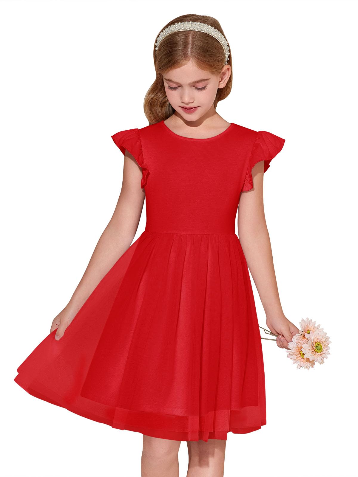 Haloumoning Girls Tutu Dress Ruffle Short Sleeve Fluffy Summer Party Tulle Dress for Kids 5-14Y