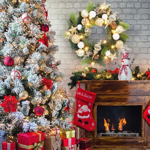 GAOMON Christmas Wreath for Front Door, 24 Inch Outdoor Christmas Wreath, Battery Operated Xmas Wreath with Gold White Ball Ornaments Pine Cones and 20 LED Lights for Home Holiday Decor