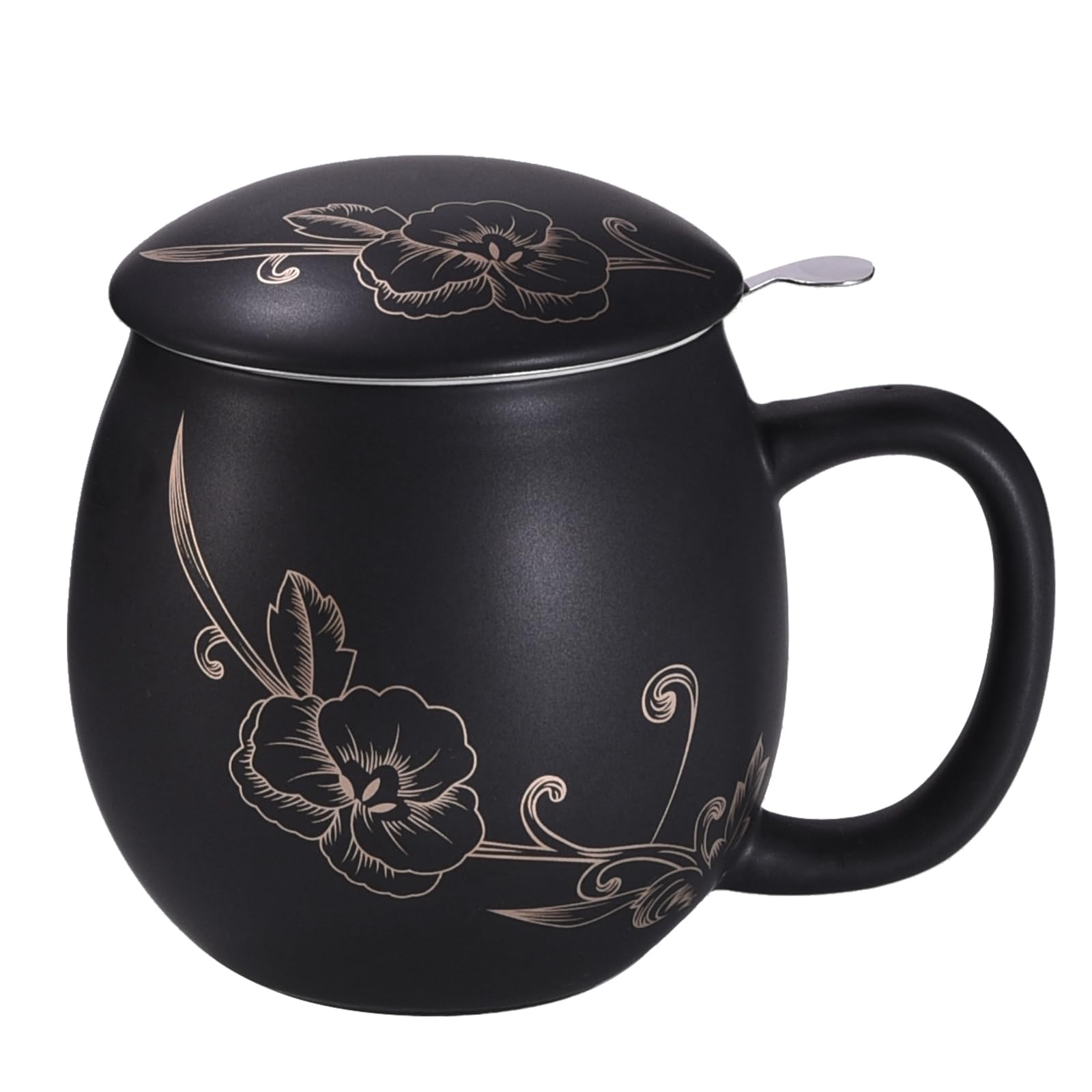 Yundu Tazza in ceramica da 360 ml con coperchio e filtro in acciaio inox nero opaco fiore dorato