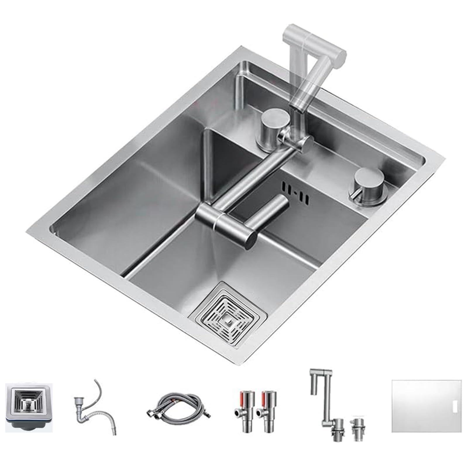 Single Bowl Stainless Steel Bar Invisible Sink Kitchen Concealed Single Bowl Sink Mini Dish Basin Small Sink with Cover, Folding Tap (Color : Silver, Size : 30 * 45 * 23cm)