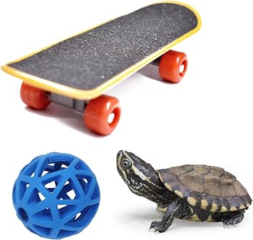 4PC Turtle Toys 3 Mini Skateboards & 1 Treat Ball Set Funny Habitat Finger Skateboard Silcone Food Balls Enrichment Toys for Small Animals Blue