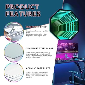 LED Infinity Mirror Tunnel Lamp Cool Gaming Desk Futuristic Decor Lamp, LED Night Light 3D Mirror Light, for Bedroom, Gaming Room, Bar,50cm