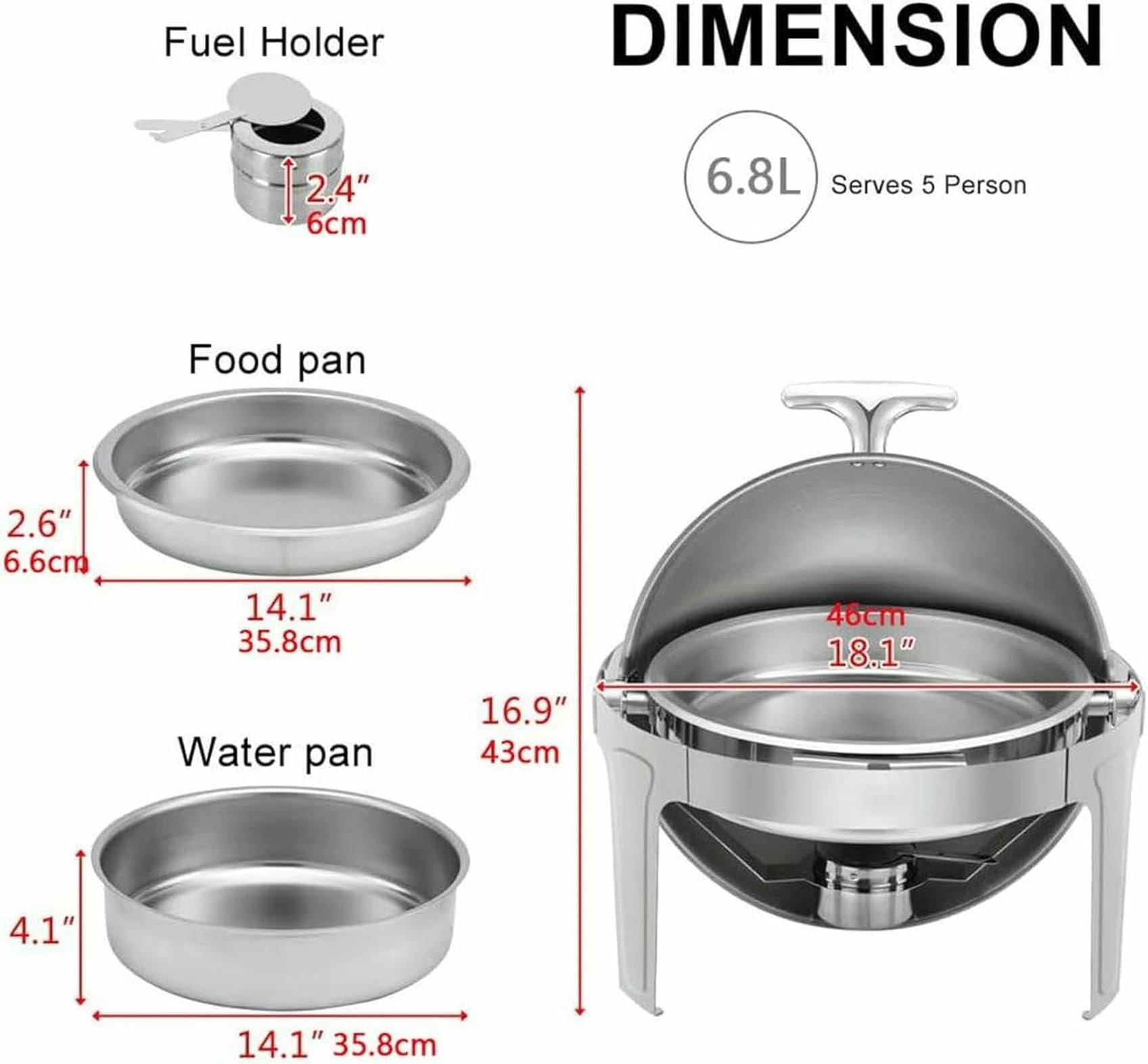Chafing Dish in Acciaio Inossidabile da 6,8 l con Coperchio a Rullo, scaldavivande Rotondo con teglia per Cibo, teglia per Acqua, Supporto per combustibile per Mantenere Il Cibo Caldo~/