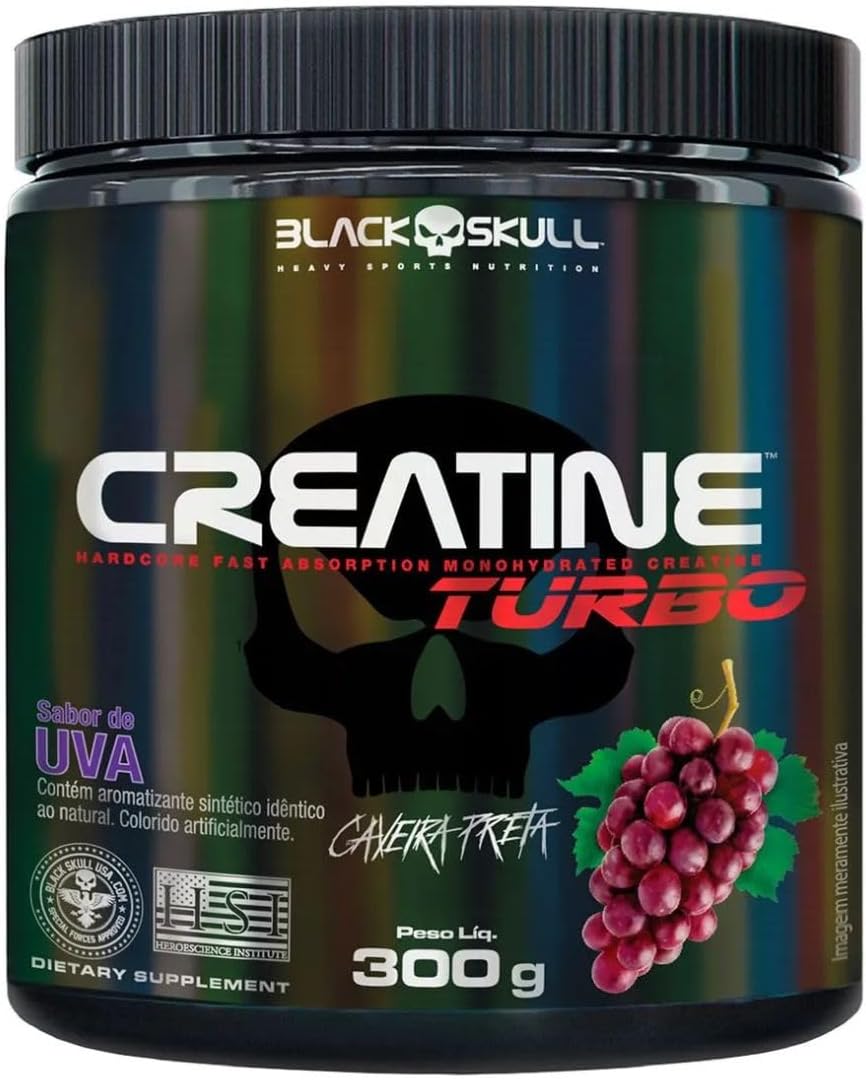 Black Skull Creatine Turbo – Suplementação para Treino, Performance, Ganho Muscular, Hipertrofia, Força e Resistência – Uva – Pote 300g