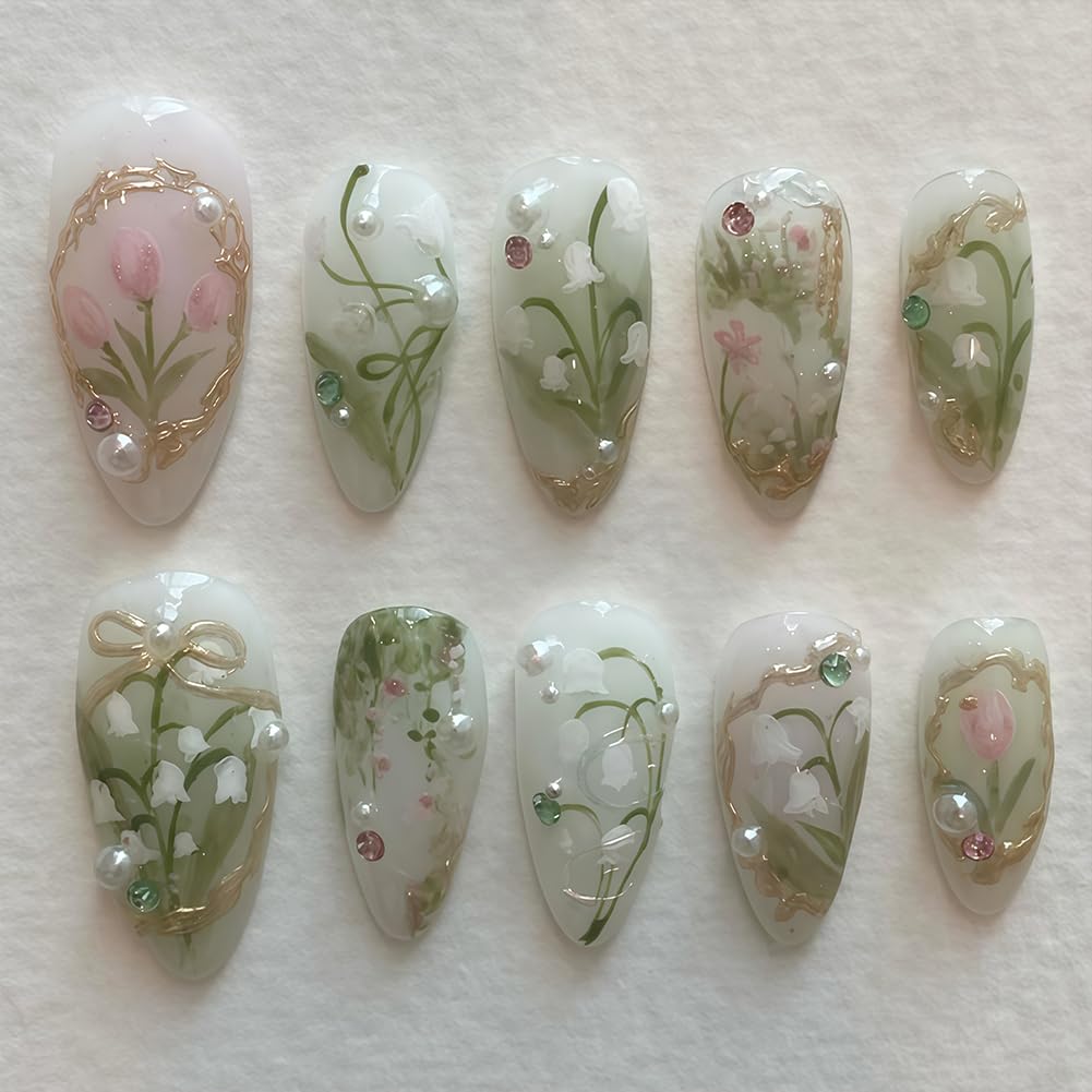 24Pcs Green Medium Length Press on Nails French Almond Shaped With Floral Design And 3D Pearl Design Acrylic Artificial False Nails Kit Full Cover