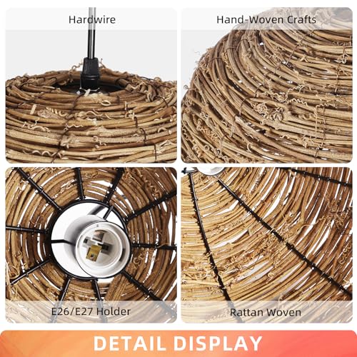 Arturesthome 19.68" Rustic Pendant Light for Kitchen Island,1 Light Boho Pendant Lampshade Wicker Farmhouse Chandelier for Dining Room Hallway Foyer by Arturesthome - Image 7