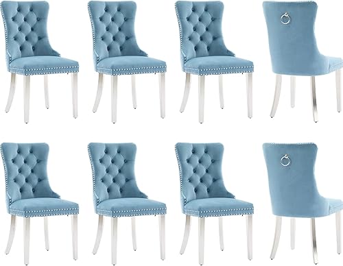 Miniatura 27 de Juego de 6 sillas de comedor de terciopelo, sillas tapizadas con respaldo alto capitoné con ribete de cabeza de clavo y anillo de tracción, patas de