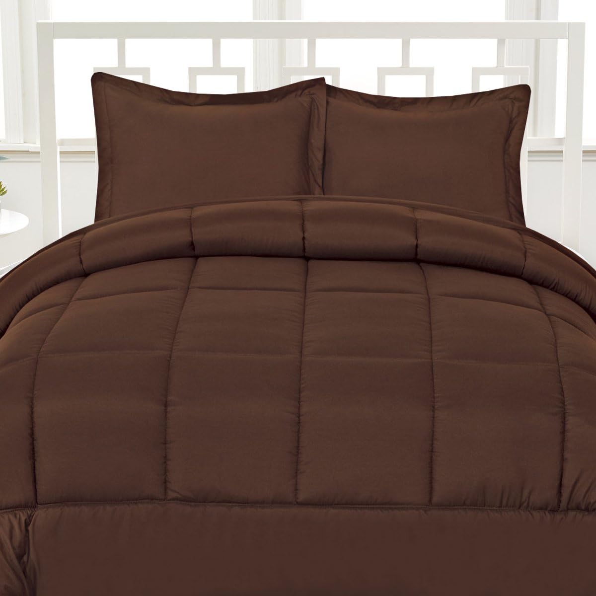 Luxurious Down Alternative Soft Solid Color Comforter Box Stitch Brushed Microfiber Bedding-Full, Brown