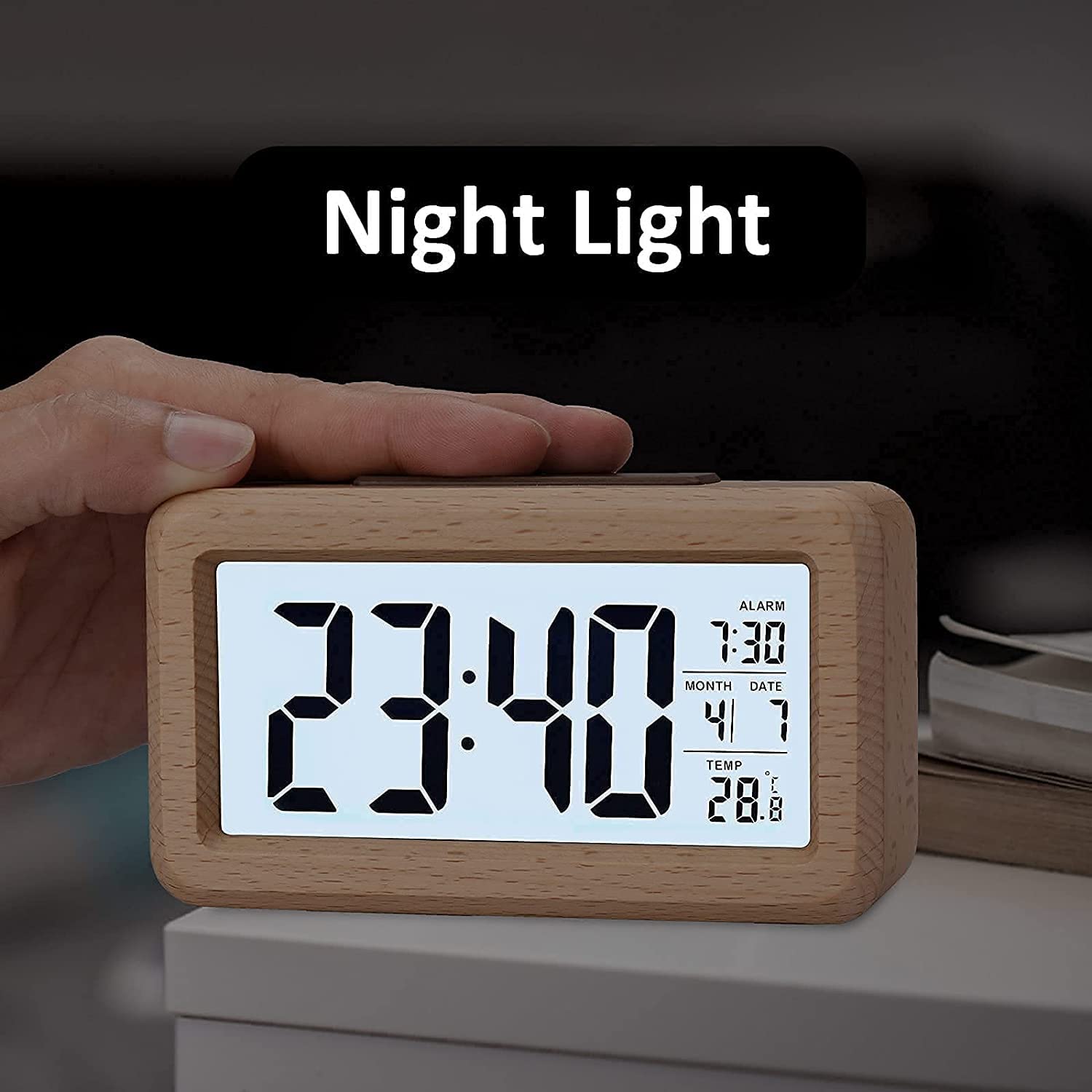 JJJ WTL Budzik duży wyświetlacz LED, budzik z motywem słojów drewna, inteligentny czujnik lampka nocna, drzemka i temperatura, zasilanie bateryjne, prostopadłościan budzik do sypialni (kolor: Beżowy)