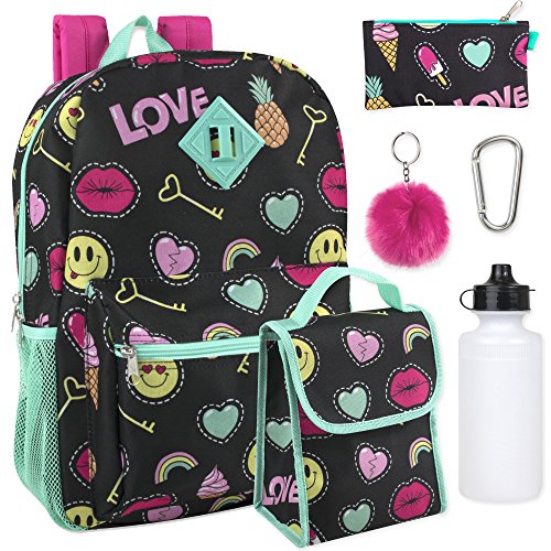 Girl's 6 in 1 Backpack Set With Lunch Bag, Pencil Case, Bottle, Keychain, Clip (Emoji)