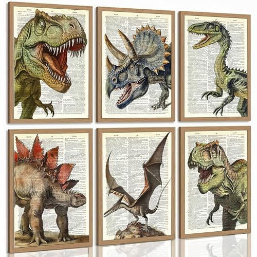 6Pcs Dinosaur Canvas Wall Art Retro Tyrannosaurus Stegosaurus Triceratops Parasaurolophus Wall Decor Pictures Canvas Posters Prints For Children Room Baby Boy Nursery Boys room Bedroom Unframed