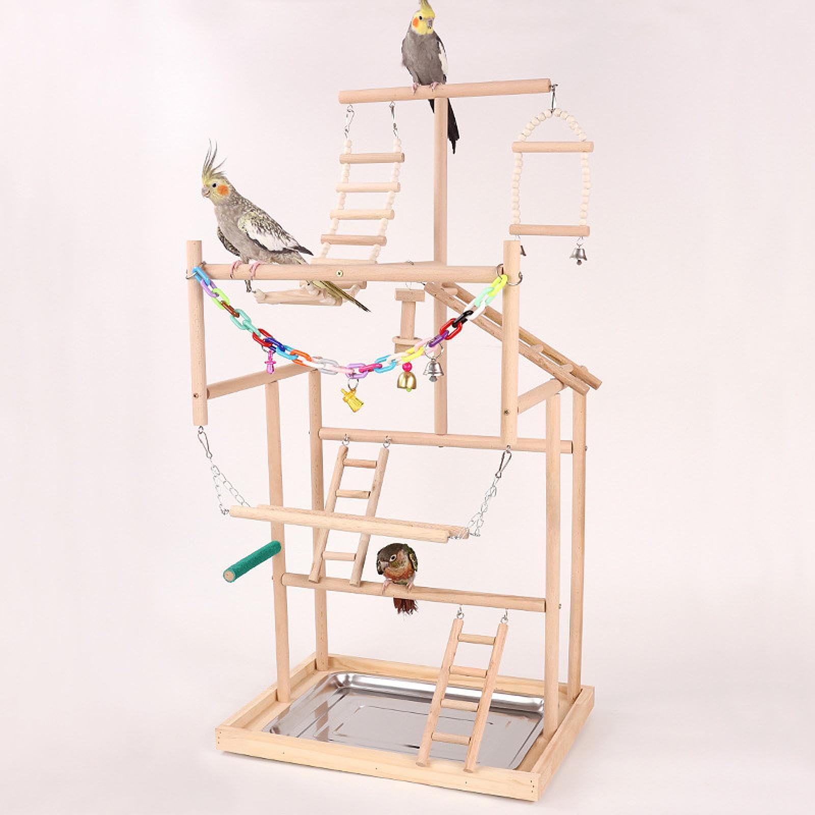 Puesto de Juego para pájaros, Percha de para Madera, Gimnasio con Escalera y Columpio para Escalar, Juguetes para Loros, Espacio de Aventura para Juegos, Ejercicio para