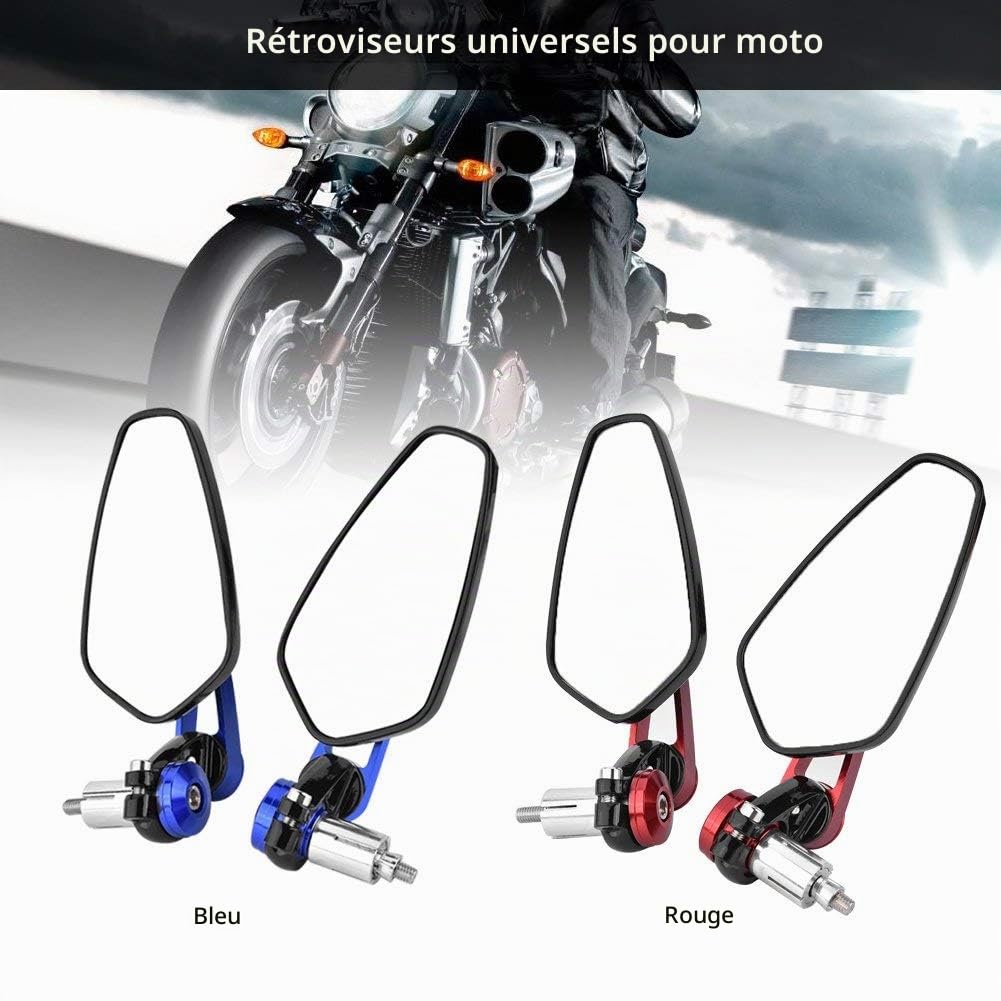 2pcs Rétroviseur de Guidon de Moto 7/8 "22 mm en Alliage d'Aluminium Universel 360 Degrés Grand Angle Réglable Rétroviseur Latéral(Red)
