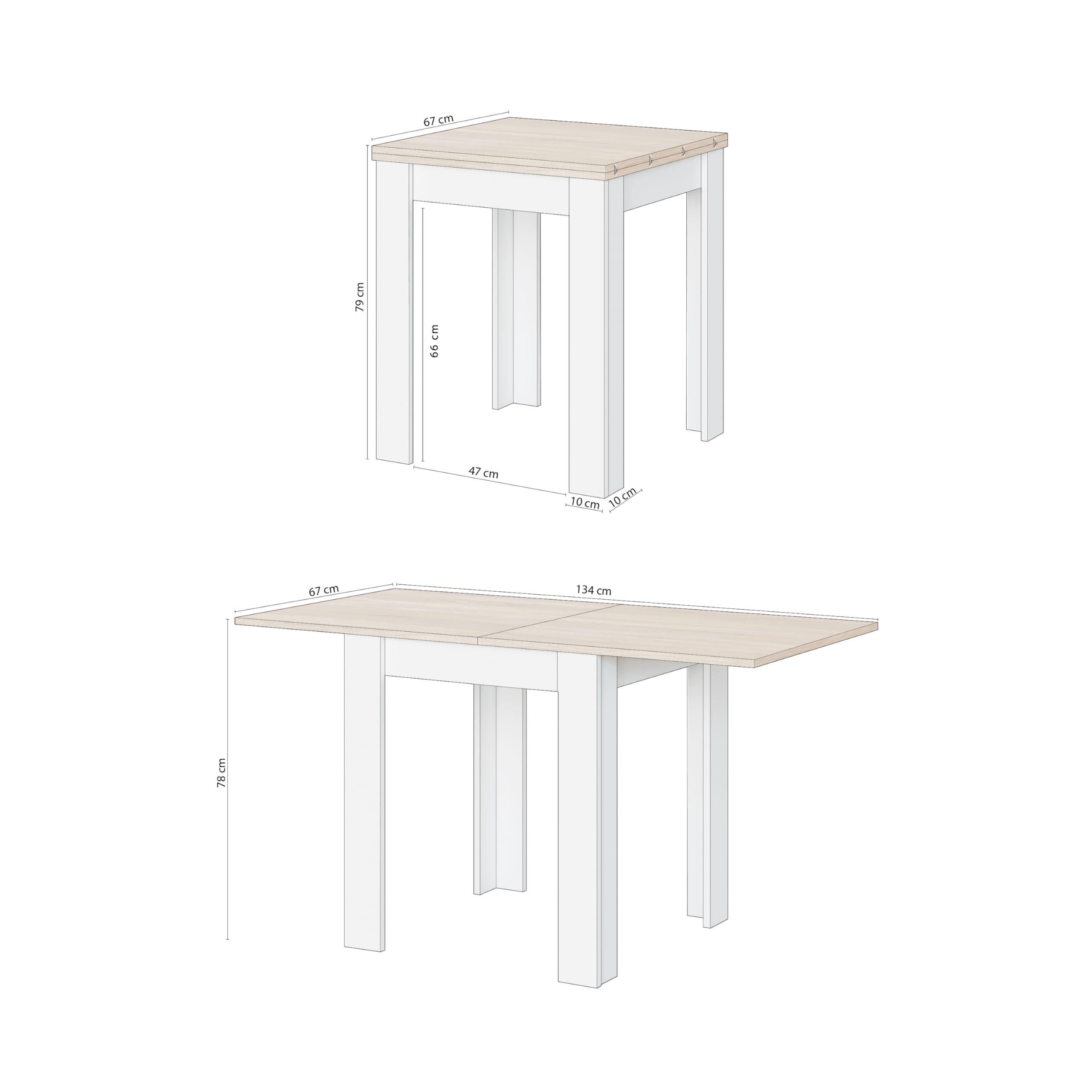 duehome | Mesa Auxiliar Extensible, Mesa Cocina, Acabado en Color Blanco Artik y Roble Canadian, Modelo Giro, Medidas: 67-134 cm (Ancho) x 67 cm (Fondo) x 79 cm (Alto)