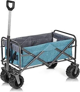 Składany wózek kempingowy Outdoor Push Wagon Trolley Trailer Transport Wolnostojący składany Utility Artykuły spożywcze Canvas Fabric Rolling Garden Wagony sportowe z szerokimi kołami,Blue