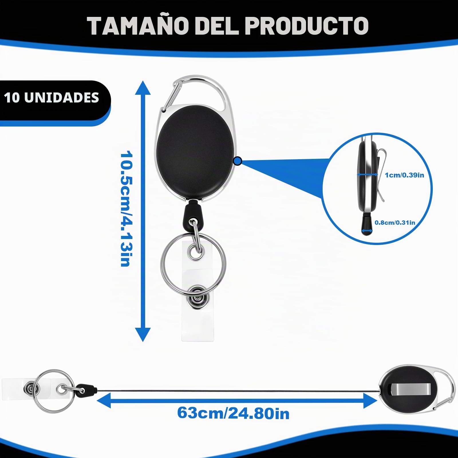 Llavero Retractil 10 Piezas con Clip para Cinturón Cordón Extensible 63 cm