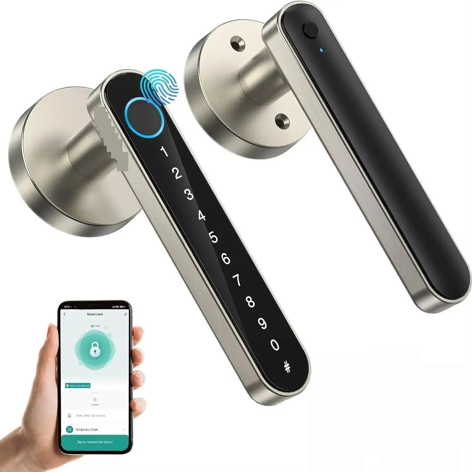 Serrure Connectée Serrure de porte intelligente à empreintes digitales, serrure de porte d'entrée sans clé avec poignée, cartes APP/IC/Codes/clés/empreintes digitales, électronique biométrique